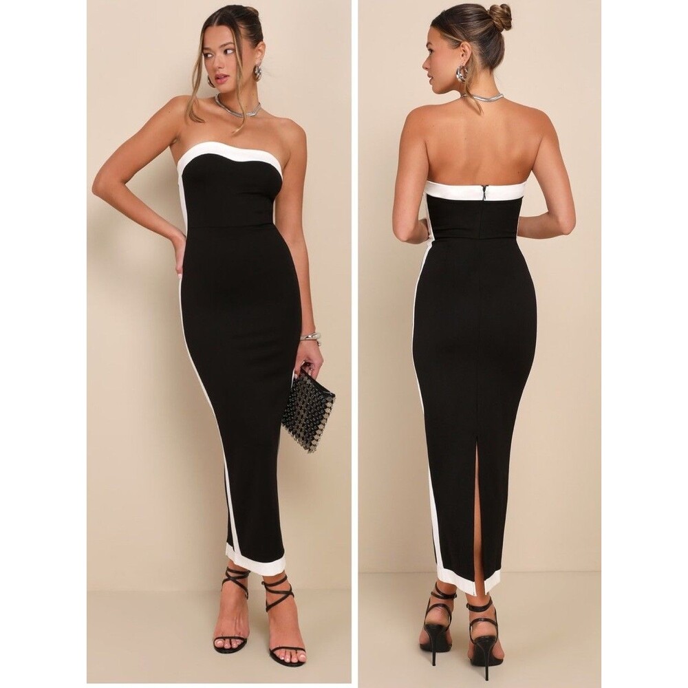 Lulus Impressive Edge Black Color Block Strapless Midi Dress Size Large NWT Sexy